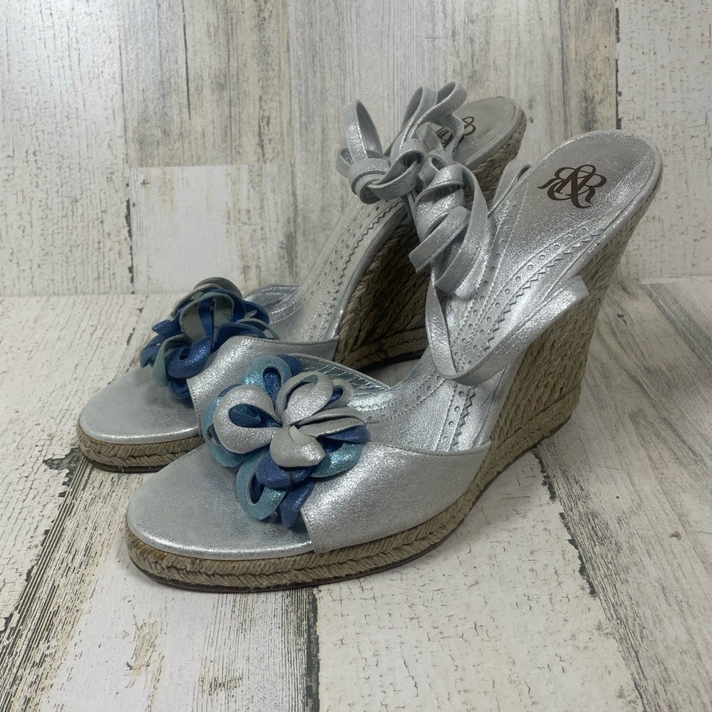 Rock & Republic Silver Blue Ankle Wrap‎ Espadrille Wedge Sandals size 41 US 9.5